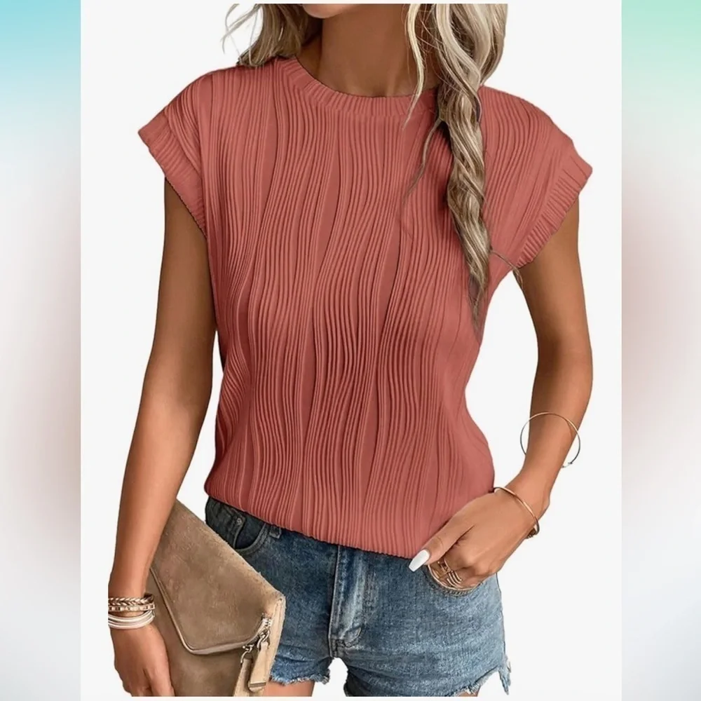 🦋 Coral Peach Pink Textured Short Sleeve Blouse Casual Stretch Comfy XXL